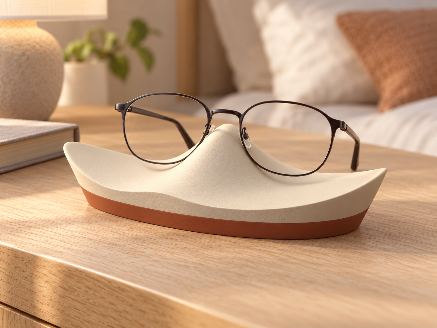 Renderização criada com IA da Asa Serena em creme e terracota, apoiando óculos ao lado de um livro