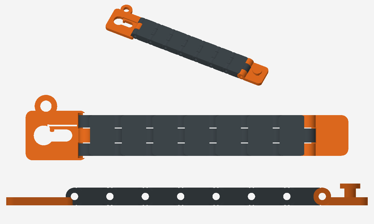 Vistas digitais da geometria real do protótipo FlexiKey, com elos articulados e terminais para montagem manual