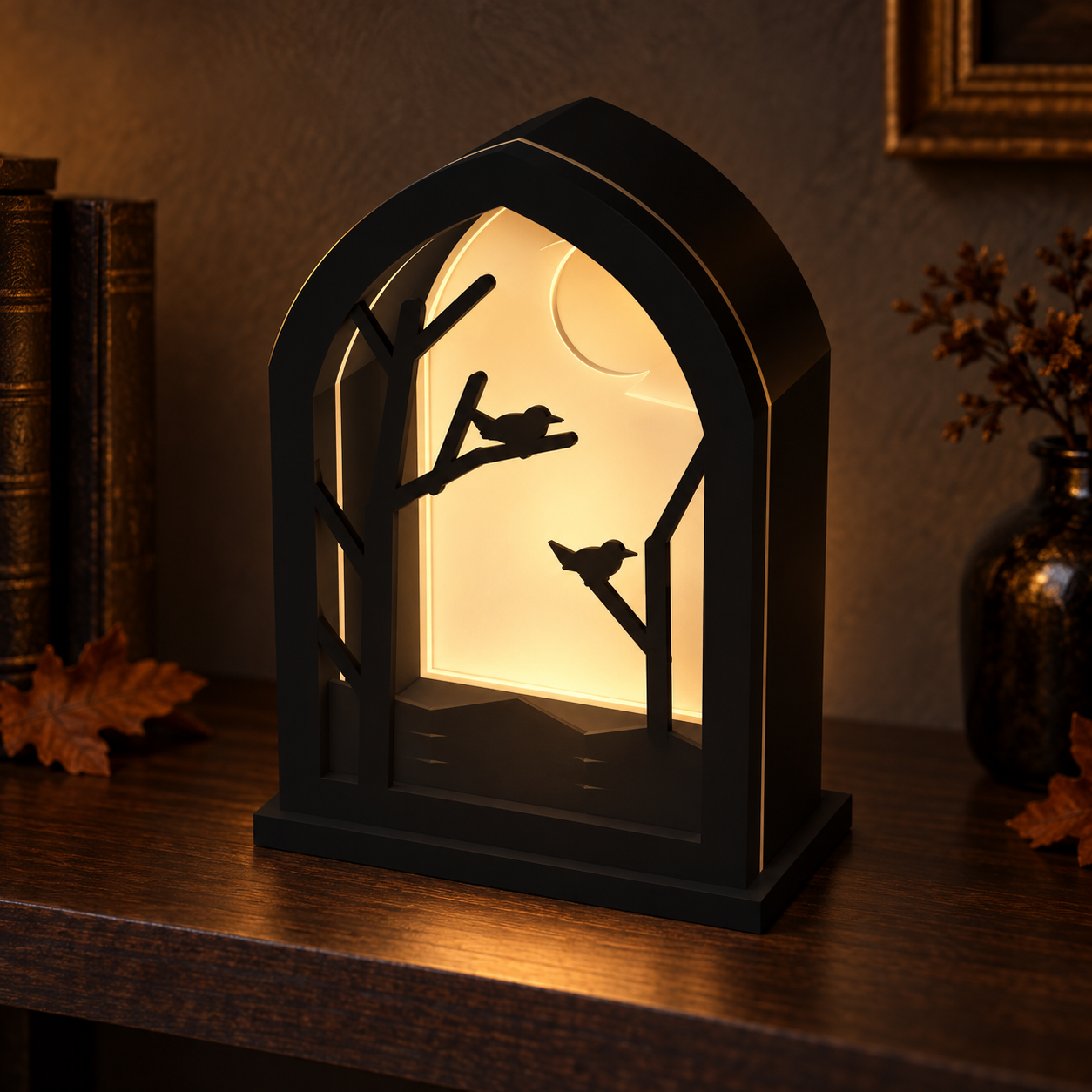 Imagem ilustrativa criada com IA da luminária Nocturne Arch, com lua, corvos e galhos iluminados por LED em uma decoração de Halloween