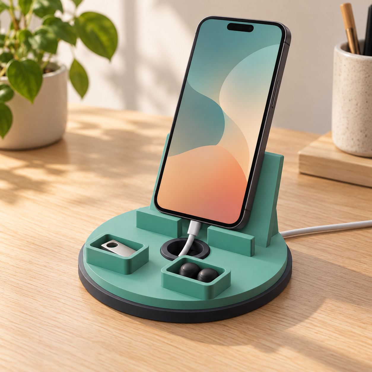 Imagem digital do OrbitDock Mini com apoio para celular e nichos para pequenos acessórios