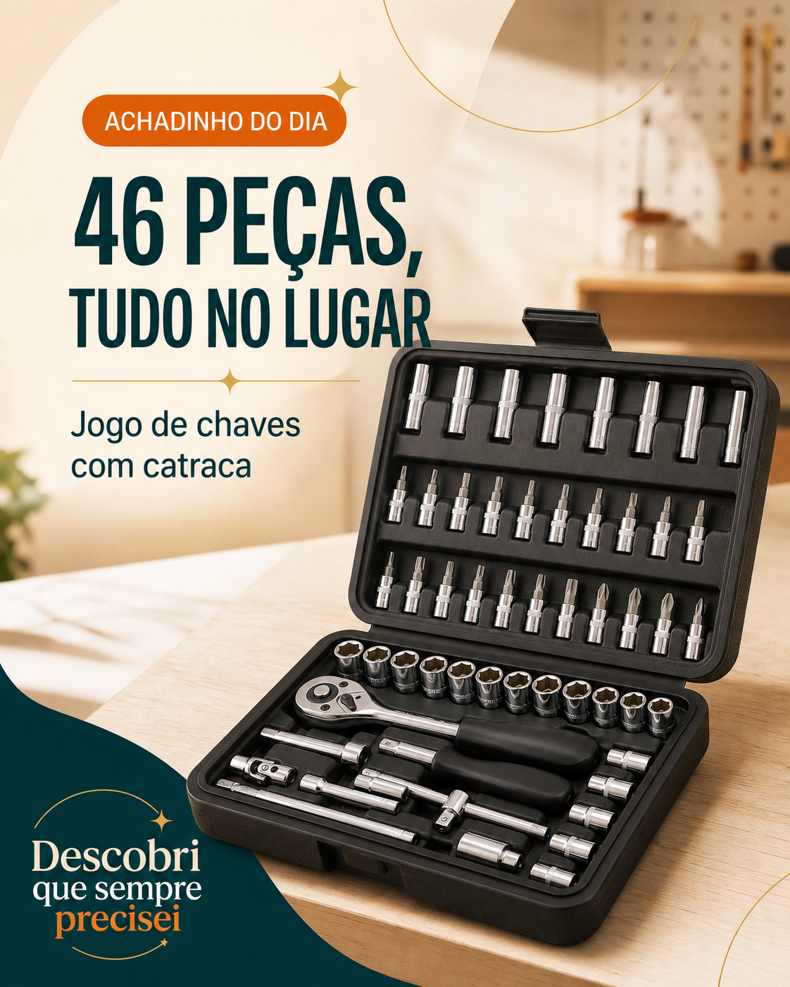 Maleta aberta com jogo de chaves, catraca, soquetes e ponteiras organizadas