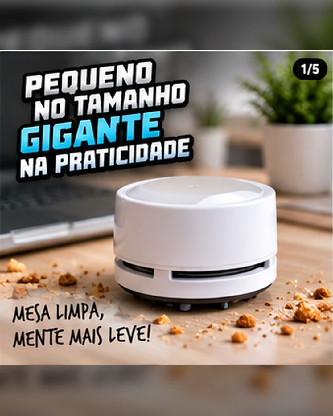 Mini aspirador de mesa recarregável ao lado de um teclado, pronto para recolher migalhas e poeira