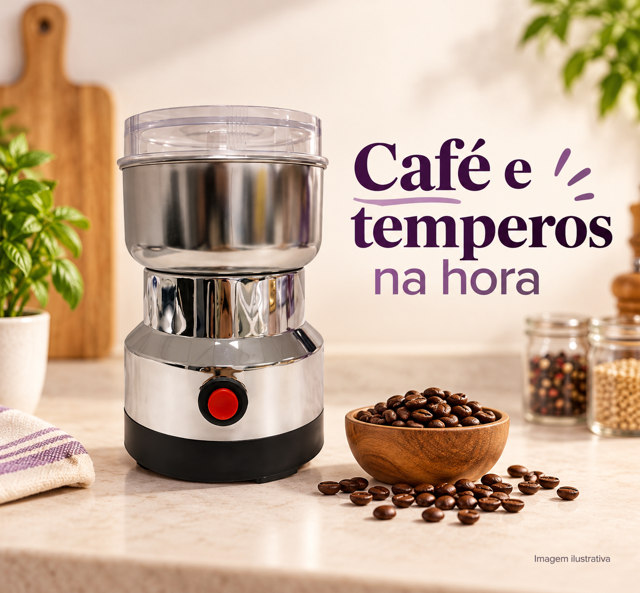 Imagem ilustrativa do moedor elétrico prateado para café e temperos, com tampa transparente e botão vermelho