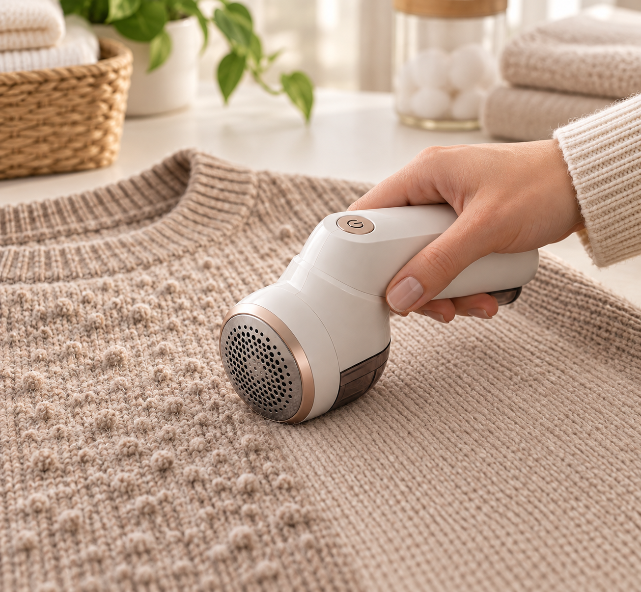 Papa-bolinhas portátil branco e rosé sendo usado para remover bolinhas de um suéter de tricô