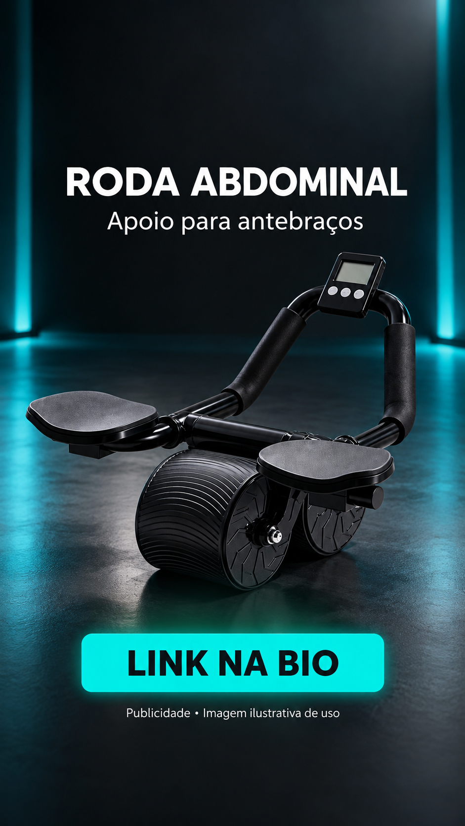 Imagem ilustrativa da roda abdominal preta com apoios para antebraços e timer digital