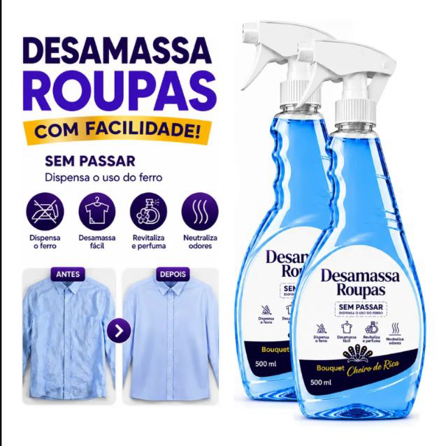 Dois frascos de spray desamassa roupas de 500 ml ao lado de uma comparação visual da camisa antes e depois